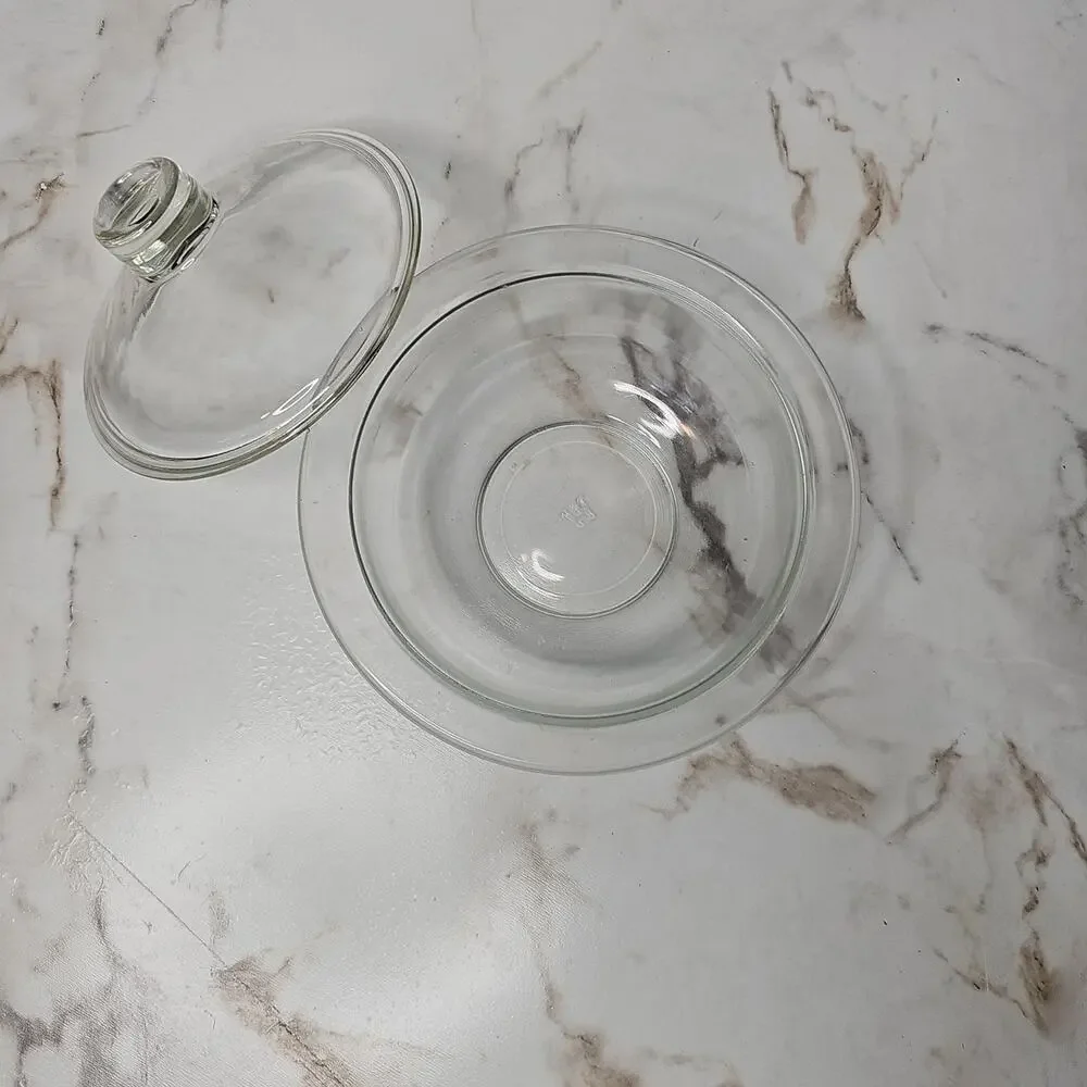 Vintage Hazel Atlas Clear Glass Round Casserole Dish with Lid H over A Logo MCM